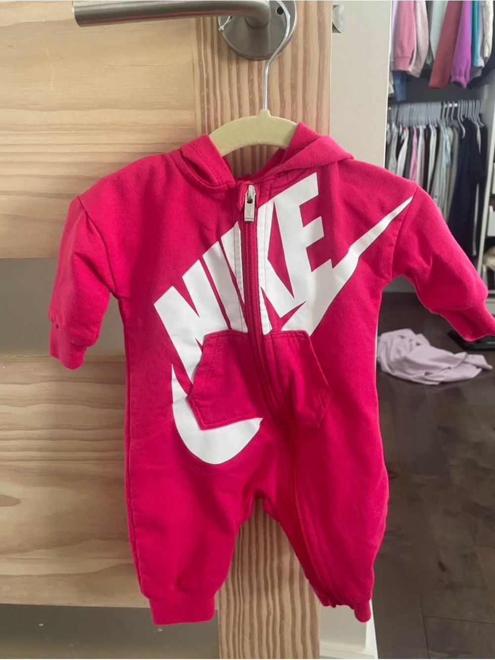 Nike Baby One-Piece Hooded Romper in Bright Pink - 3m